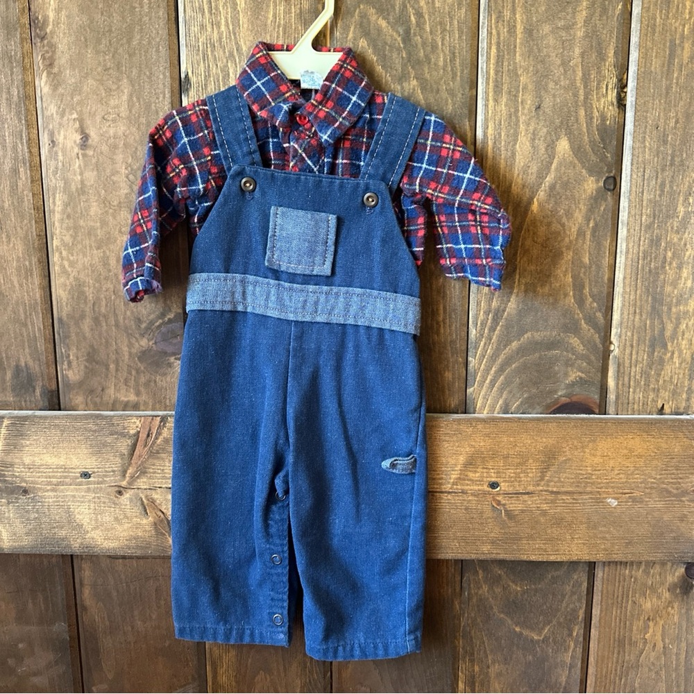 Vintage Thomas Kids Overalls Blue with Plaid Shirt Size 3-6months Made In USA